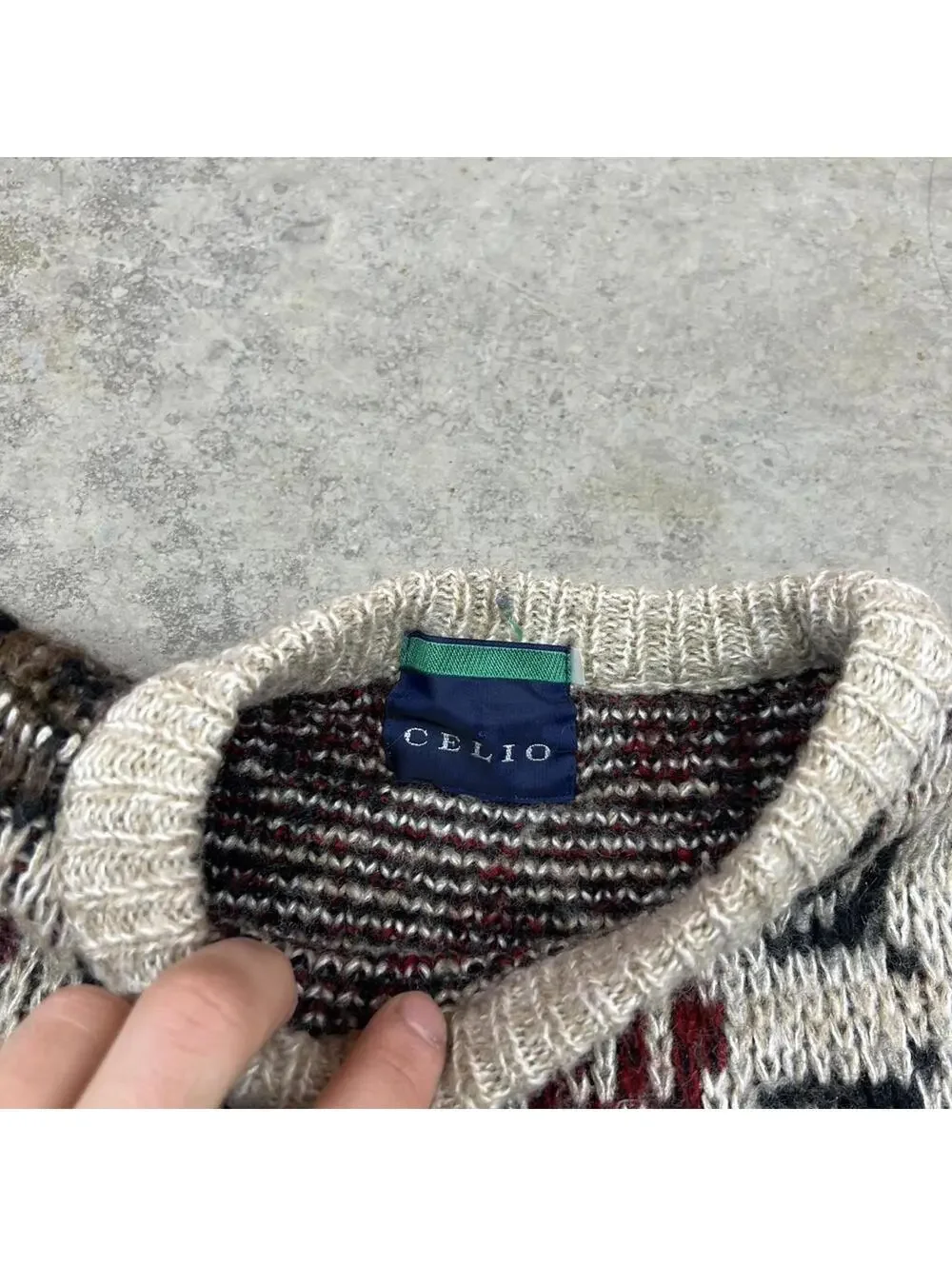 vintage grey burgandy and beige striped knit sweater size large HAS HOLE